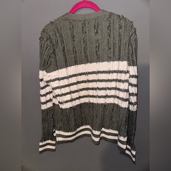 Green and White Striped Cardigan Sweater with Ribbed Knit Texture - Picture 2 of 4